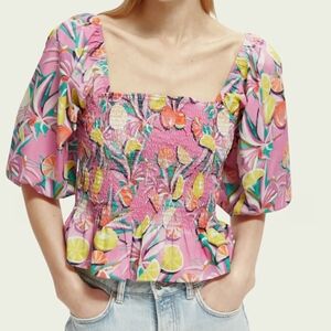 Scotch & Soda Pink Smocked Square-Neck Citrus-Print Top